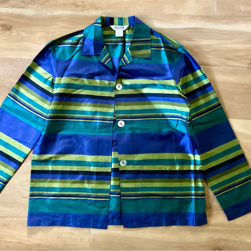 Pure silk Allison Taylor vintage Boxy jacket in Blue and Green Stripes